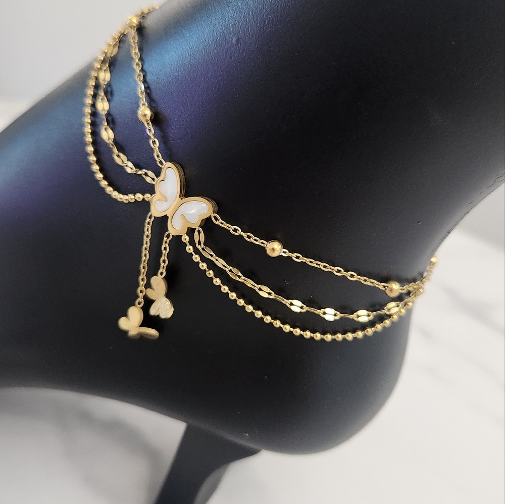 Gold & Mother Of Pearl Layered Butterfly Anklet - Picture 5 of 14